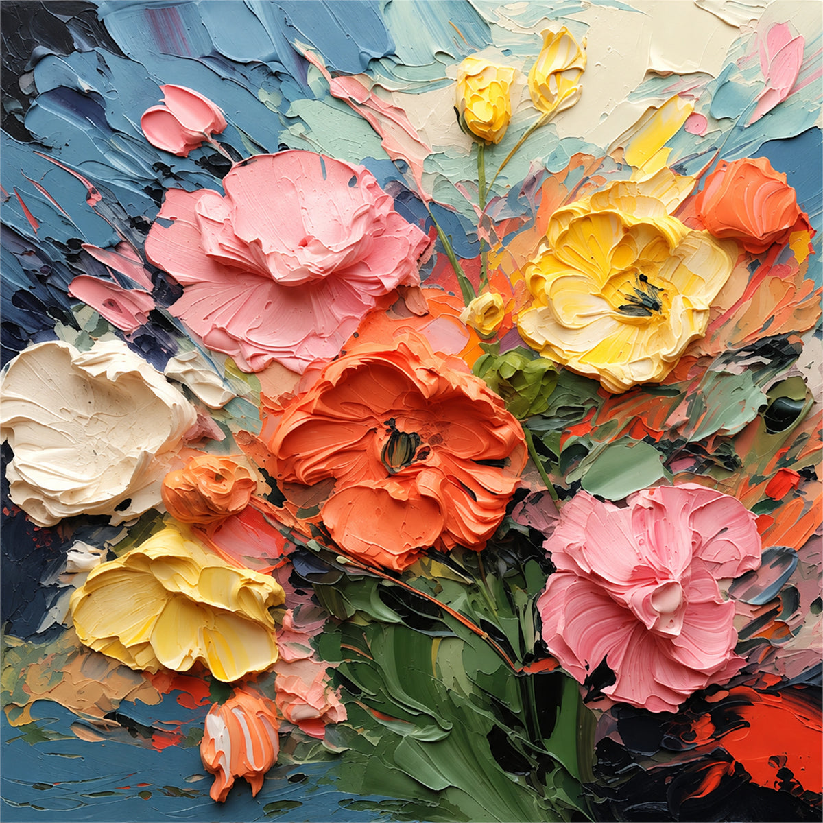 Petal Carnival full artwork. Sculptural blossoms in coral, pink, yellow, and ivory rise against a lively blue background.
