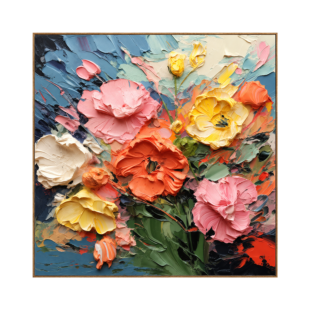 Petal Carnival artwork in a natural wood frame on a transparent background.