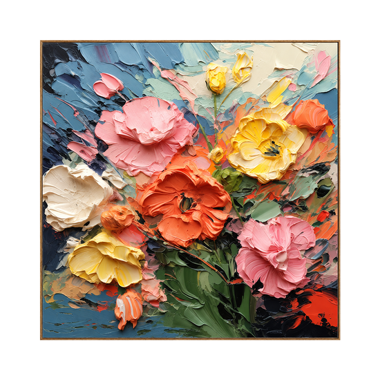 Petal Carnival artwork in a natural wood frame on a transparent background.
