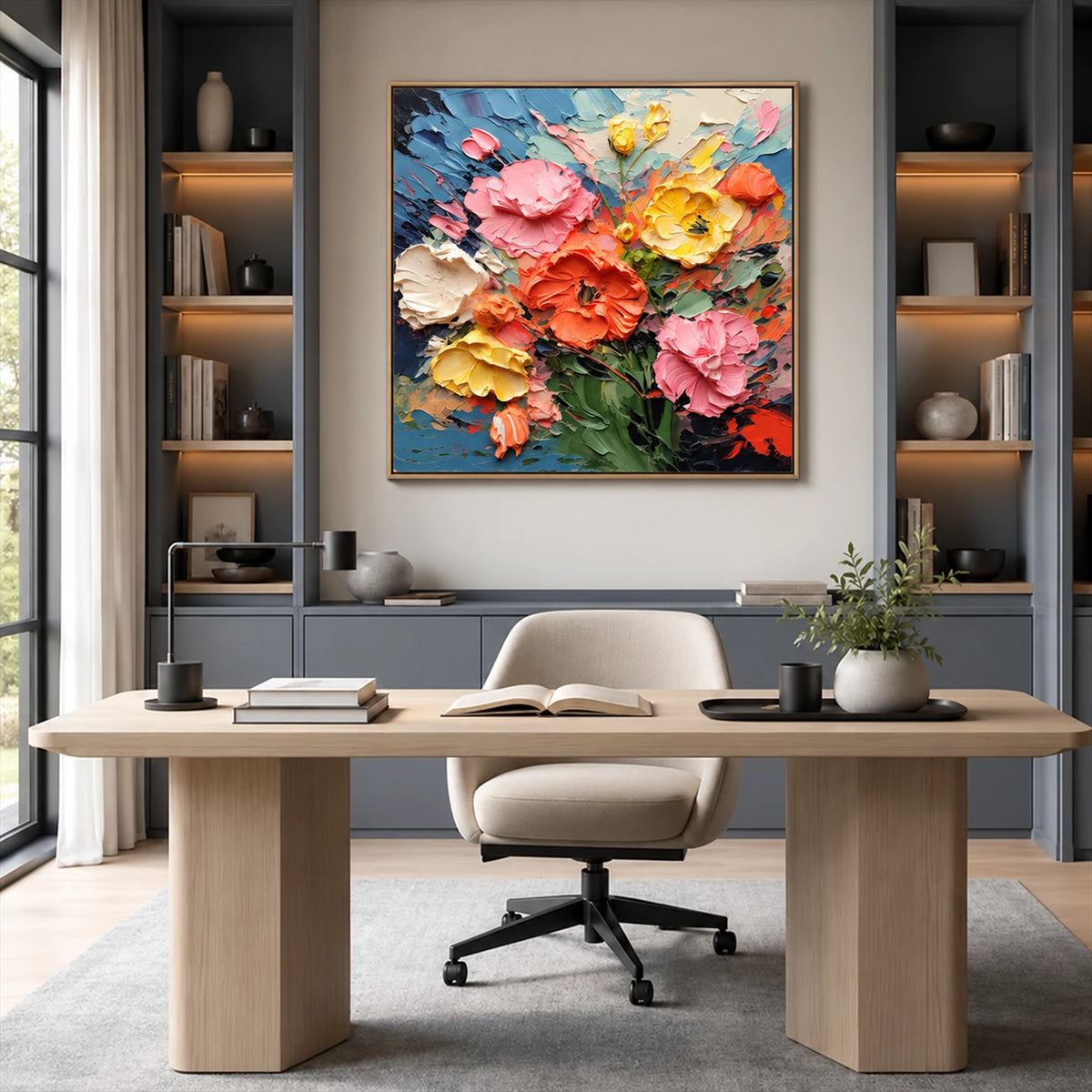 Petal Carnival artwork displayed above a desk between open shelves.