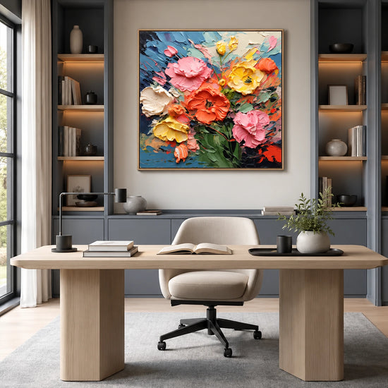 Petal Carnival artwork displayed above a desk between open shelves.