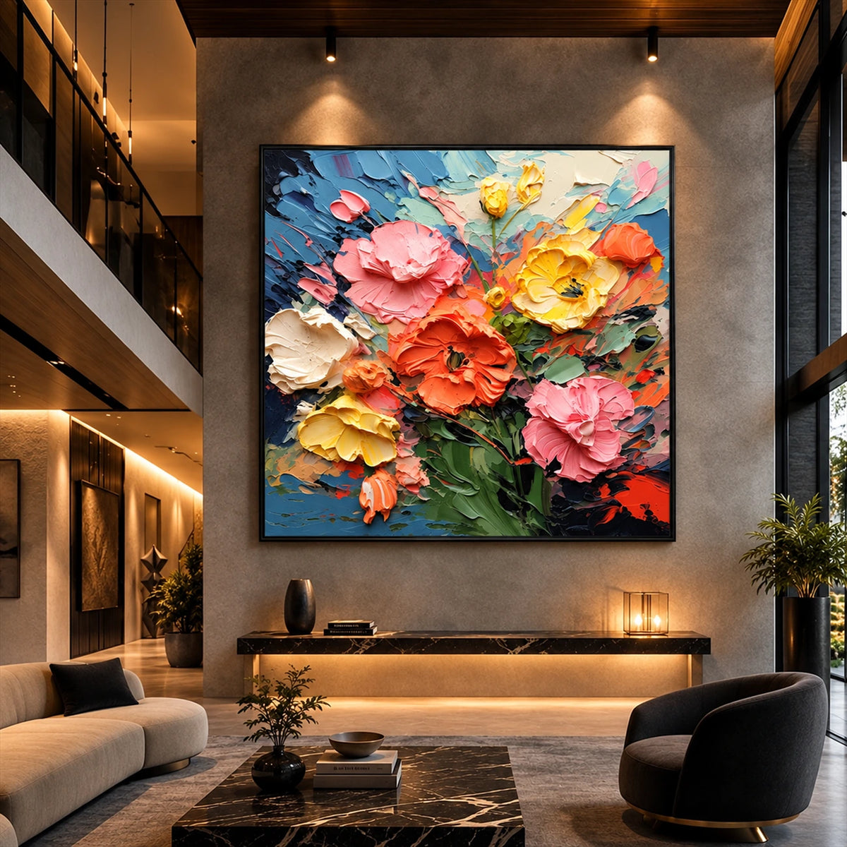 Petal Carnival artwork displayed on a tall foyer wall beside a staircase.