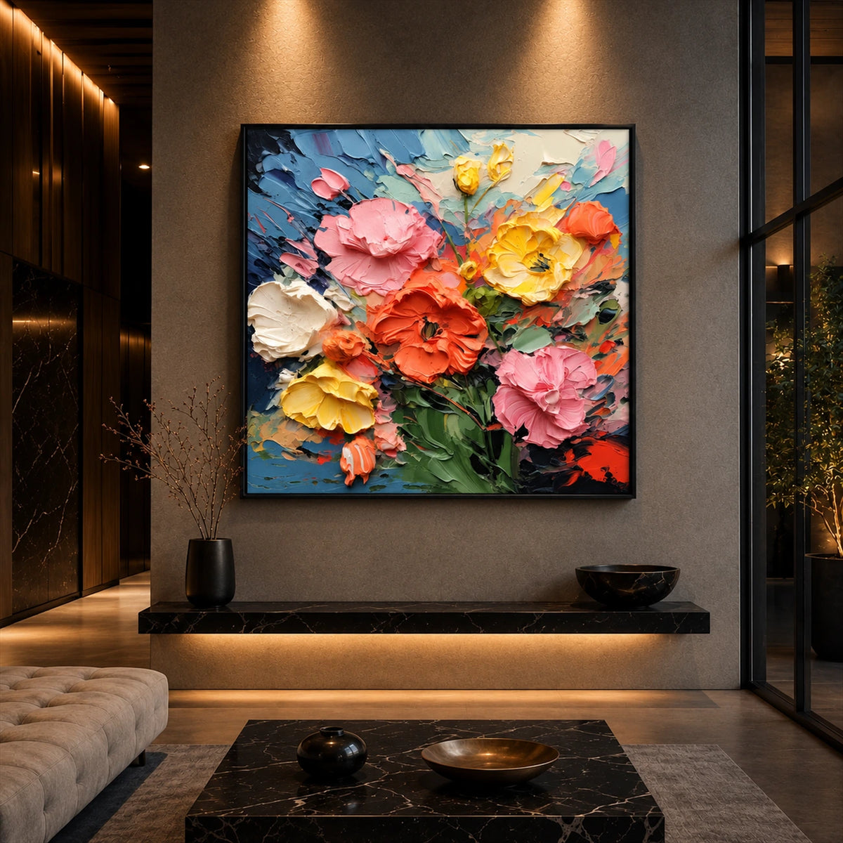 Petal Carnival artwork displayed above a console in a softly lit lounge.