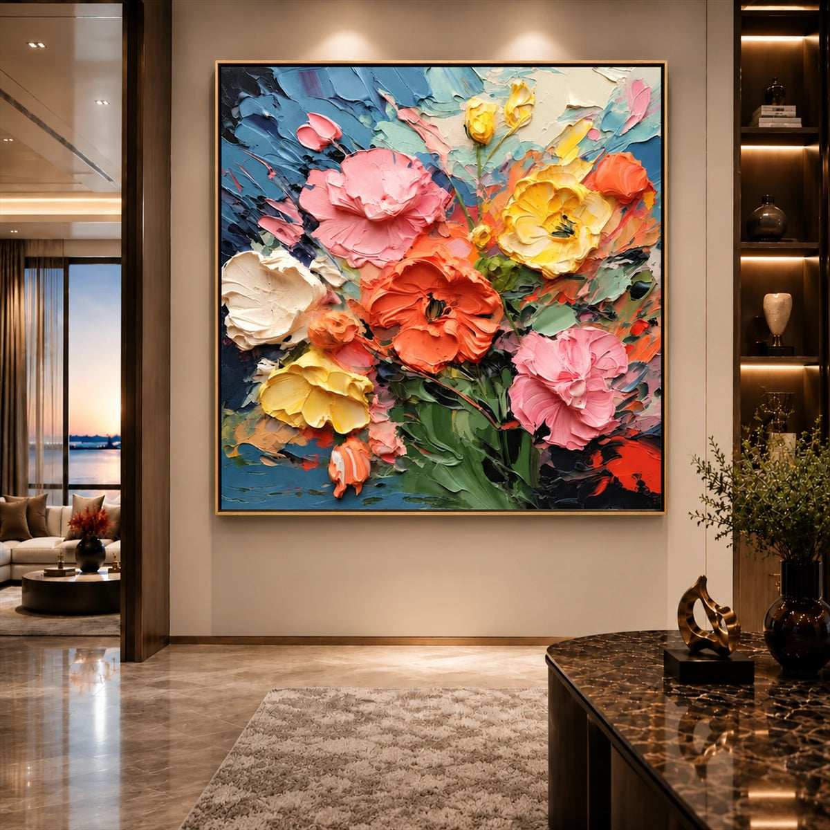 Petal Carnival artwork displayed on a warm entryway wall.
