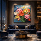 Petal Carnival artwork displayed above a blue sofa in an evening lounge.
