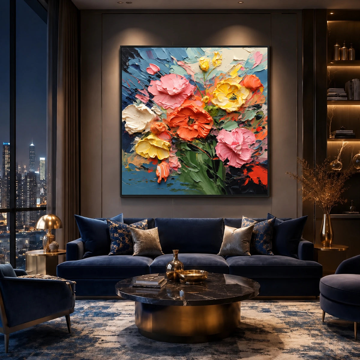 Petal Carnival artwork displayed above a blue sofa in an evening lounge.