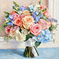 Garden Keepsake full artwork. Peach and pink roses mingle with blue blossoms and delicate greenery in a clear glass vase.