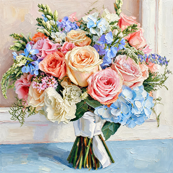 Garden Keepsake full artwork. Peach and pink roses mingle with blue blossoms and delicate greenery in a clear glass vase.