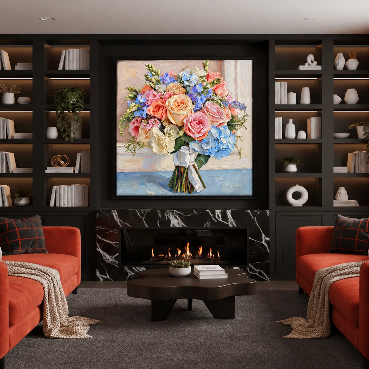 Garden Keepsake artwork displayed above a fireplace between bookshelves.