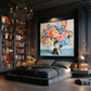 Garden Keepsake artwork displayed above a low bed in a dark library bedroom.