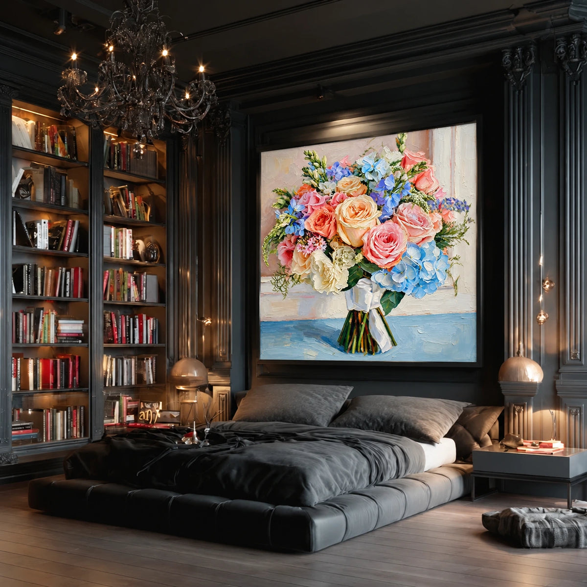 Garden Keepsake artwork displayed above a low bed in a dark library bedroom.
