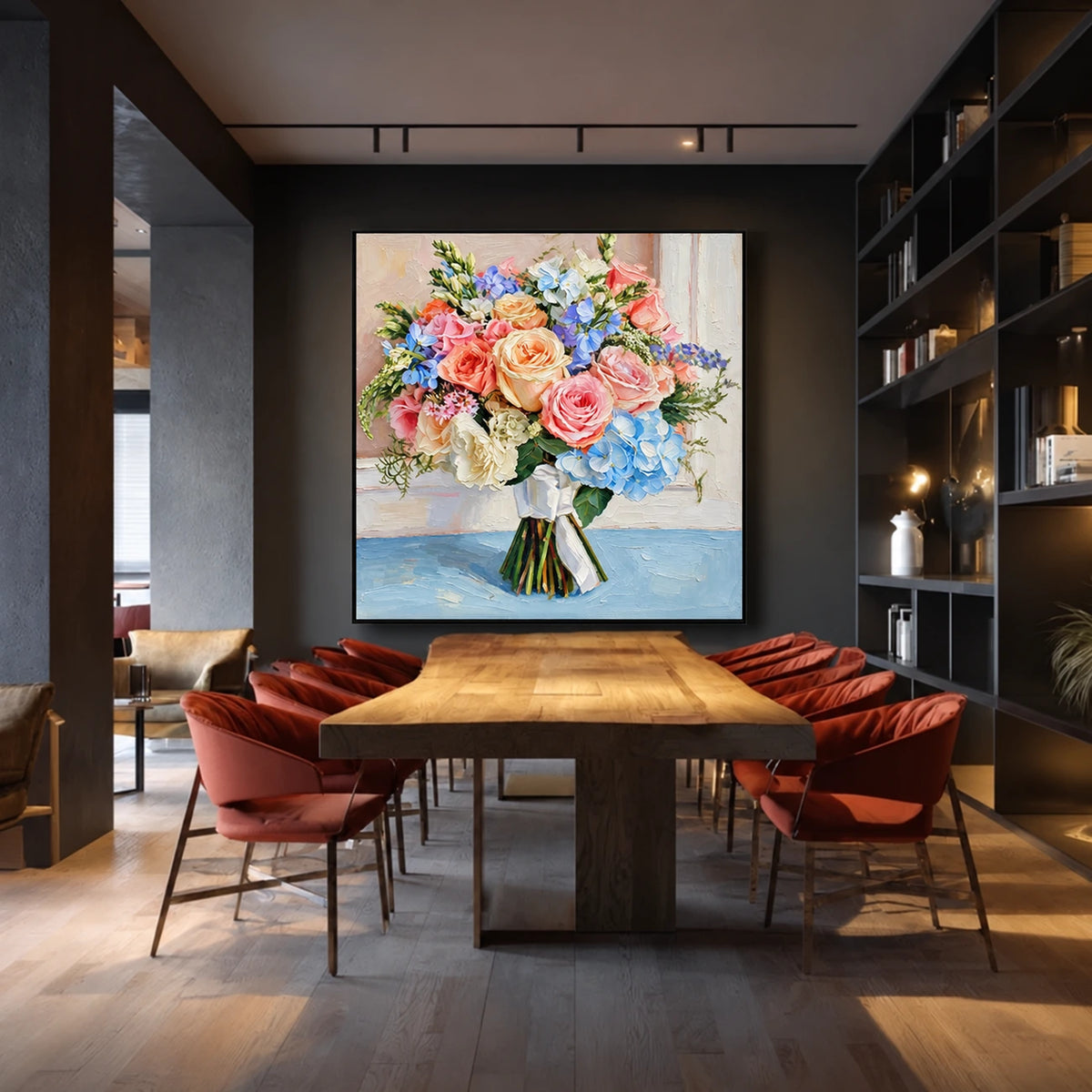 Garden Keepsake artwork displayed above a dining table with red chairs.