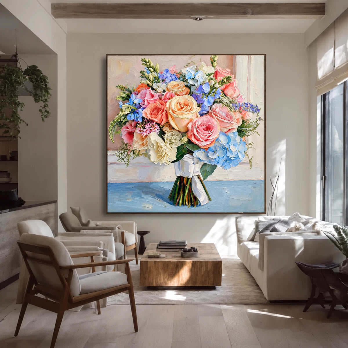 Garden Keepsake artwork displayed above cream seating in a bright lounge.