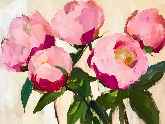 Pink Flourish full artwork with large pink blossoms and dark green leaves against a warm cream background.