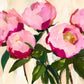 Pink Flourish full artwork. Large pink blossoms open above dark green leaves against a warm cream background.