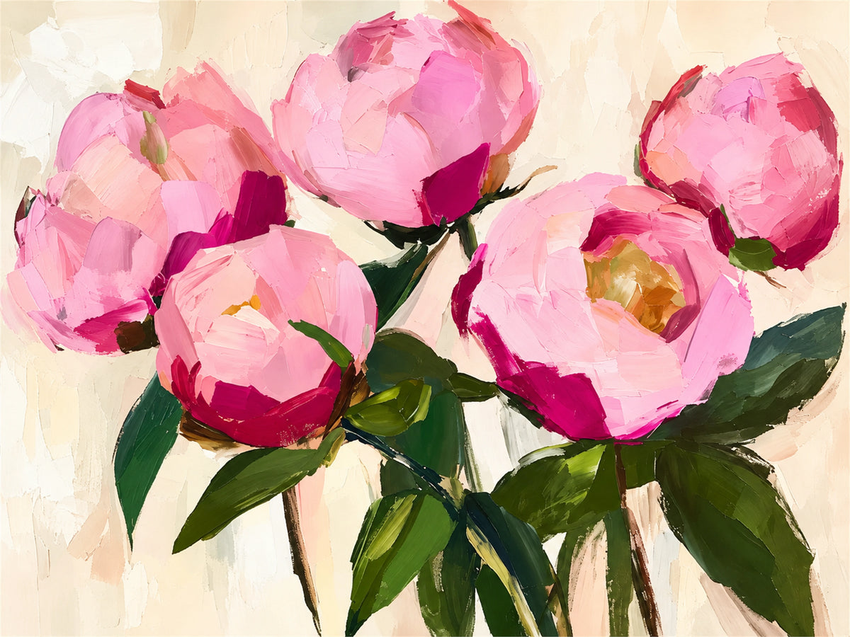 Pink Flourish full artwork. Large pink blossoms open above dark green leaves against a warm cream background.