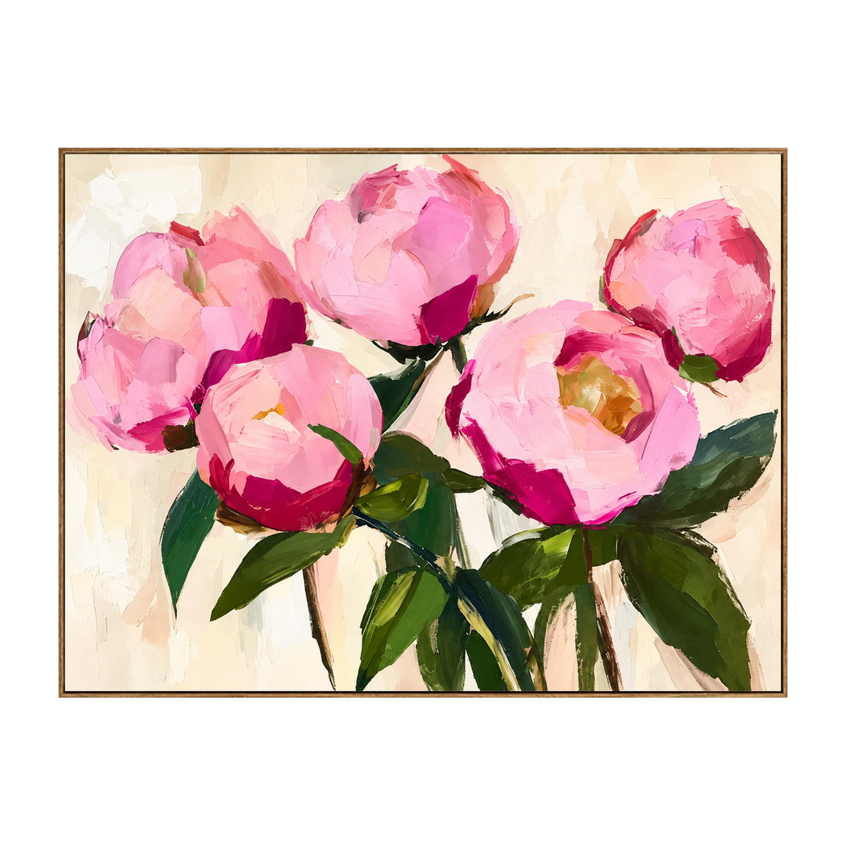 Pink Flourish artwork in a natural wood frame on a transparent background.
