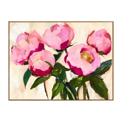 Pink Flourish artwork in a natural wood frame on a transparent background.