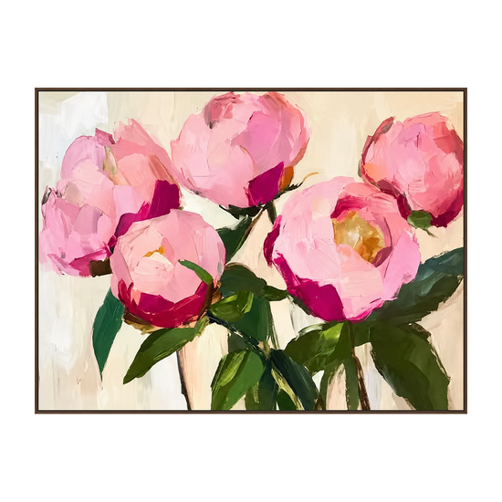 Pink Flourish Wall Art in a warm brown wood frame on a transparent background.