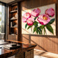 Pink Flourish artwork displayed on a wooden study wall.