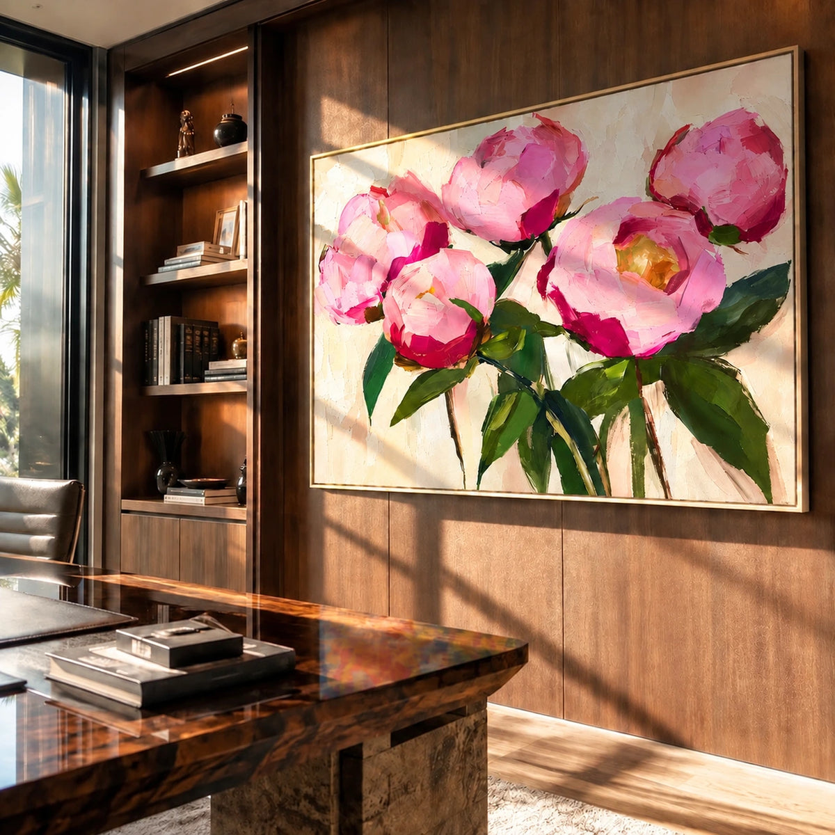 Pink Flourish artwork displayed on a wooden study wall.