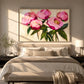 Pink Flourish artwork displayed above a cream bed in warm sunlight.