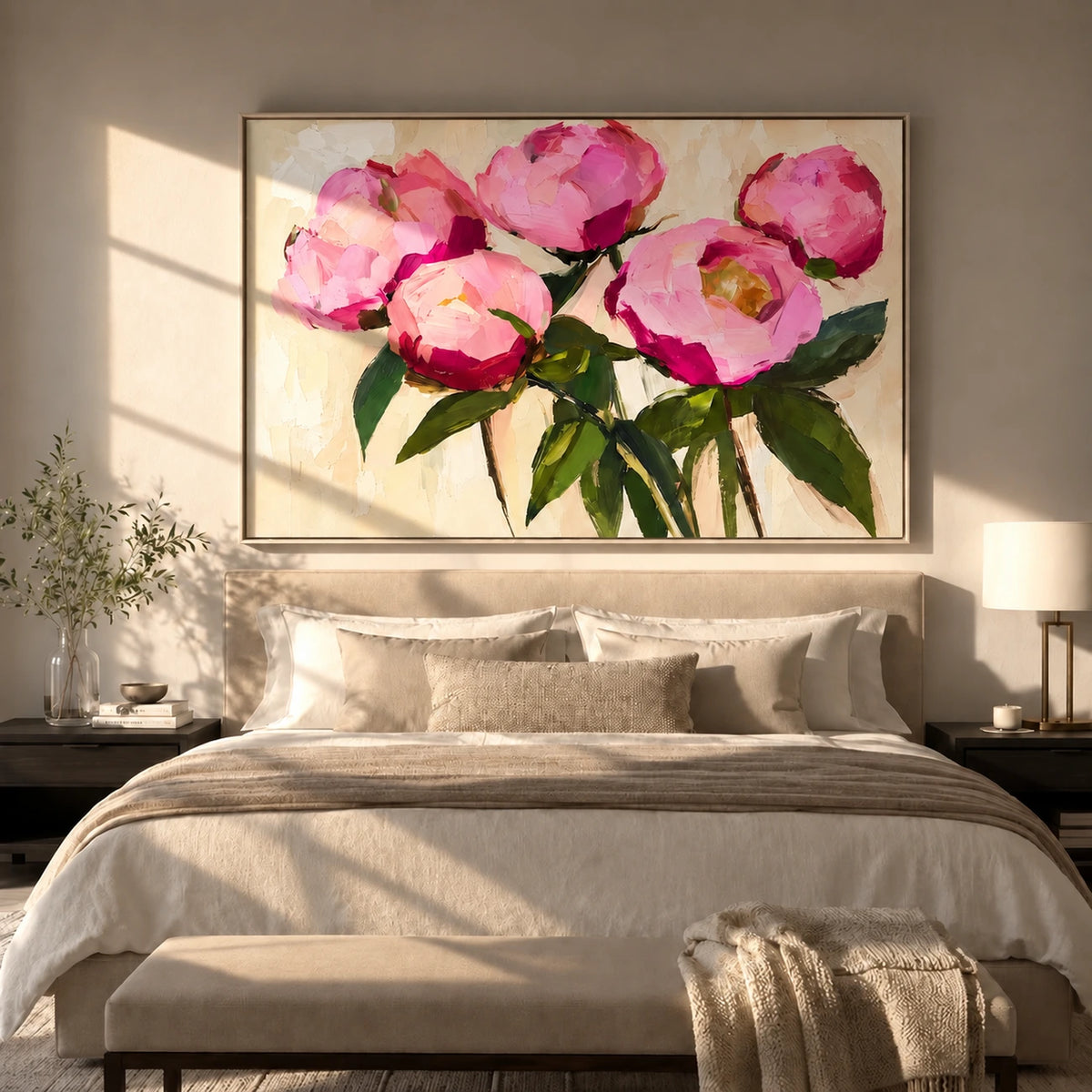 Pink Flourish artwork displayed above a cream bed in warm sunlight.