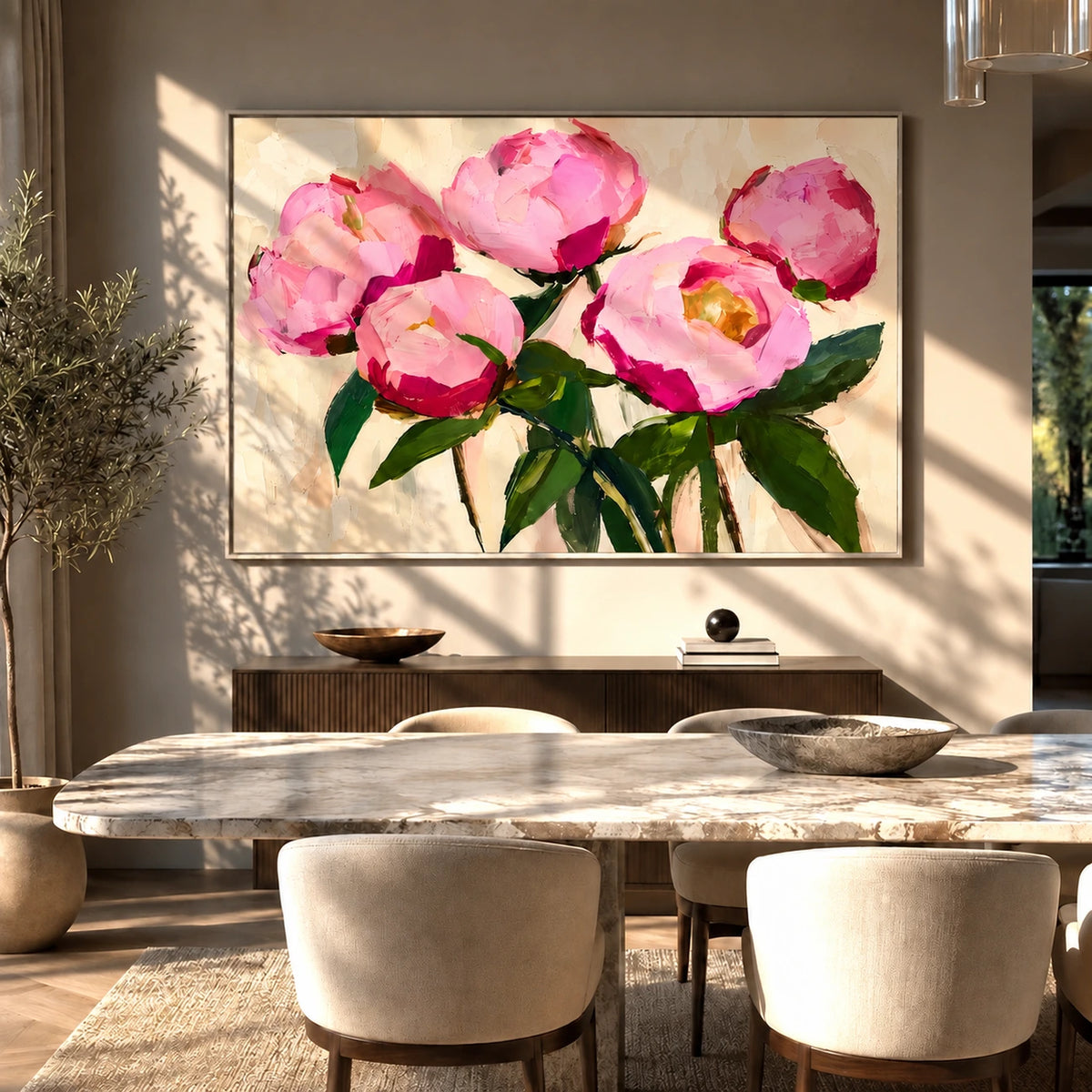 Pink Flourish artwork displayed above a dining table and upholstered chairs.