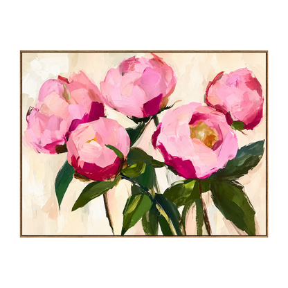 Pink Flourish artwork in a natural wood frame on a transparent background.