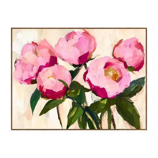 Pink Flourish artwork in a natural wood frame on a transparent background.