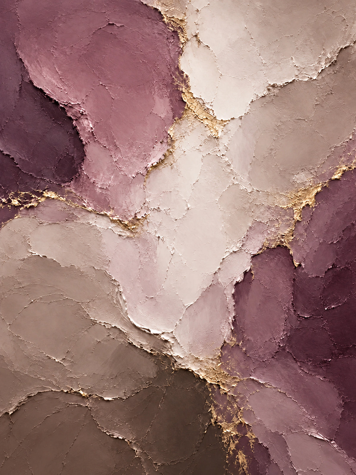 Mauve Faultlines full artwork. Soft mauve, blush, and taupe forms meet along rugged edges traced with golden accents.