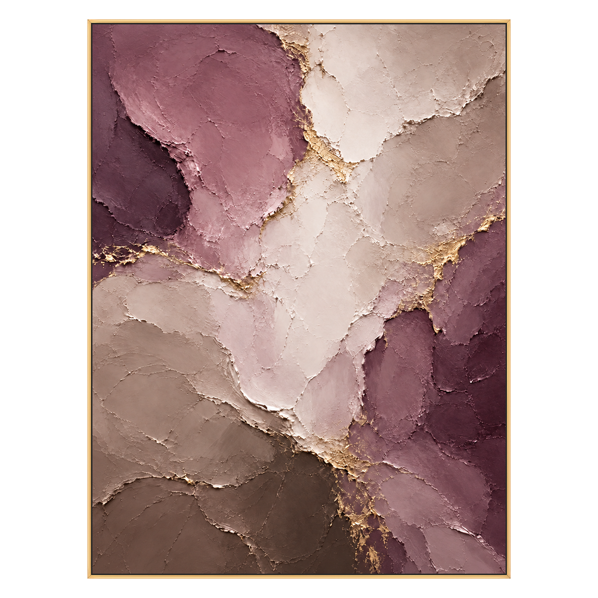 Mauve Faultlines artwork in a gold frame on a transparent background.