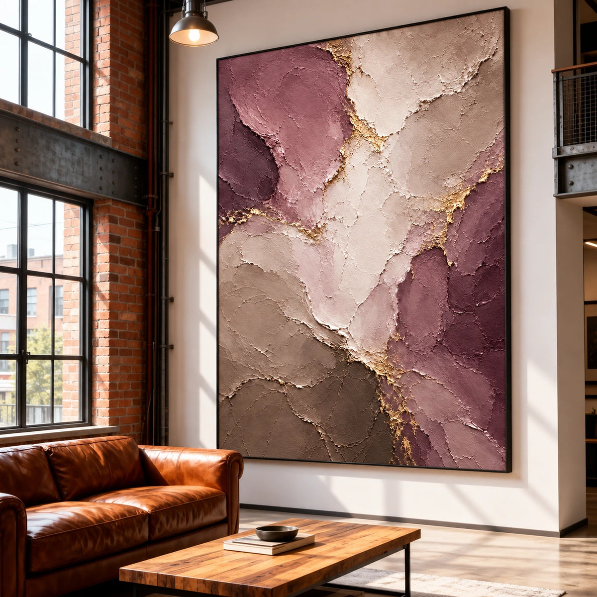 Mauve Faultlines artwork displayed beside a leather sofa in an industrial loft.