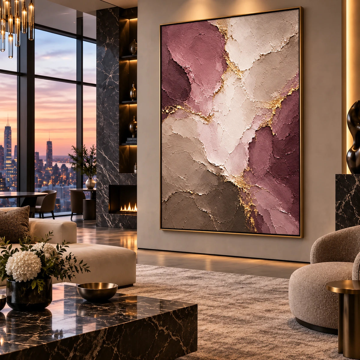 Mauve Faultlines artwork displayed in a city-view lounge at sunset.