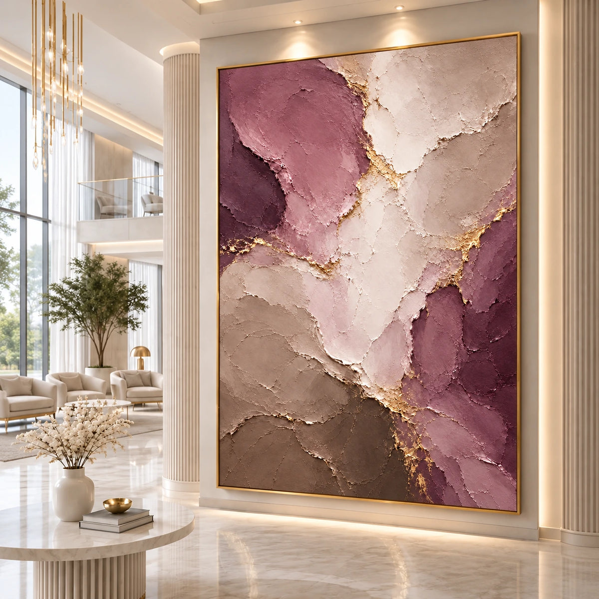 Mauve Faultlines artwork displayed on a tall wall in a bright living room.