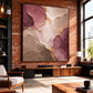 Mauve Faultlines artwork displayed above a console against a red brick wall.