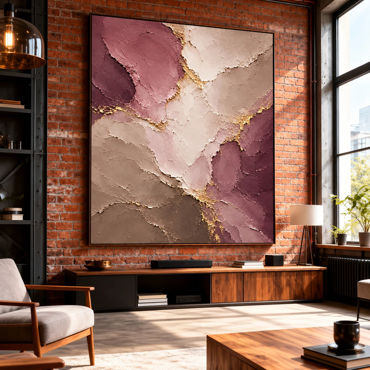 Mauve Faultlines artwork displayed above a console against a red brick wall.