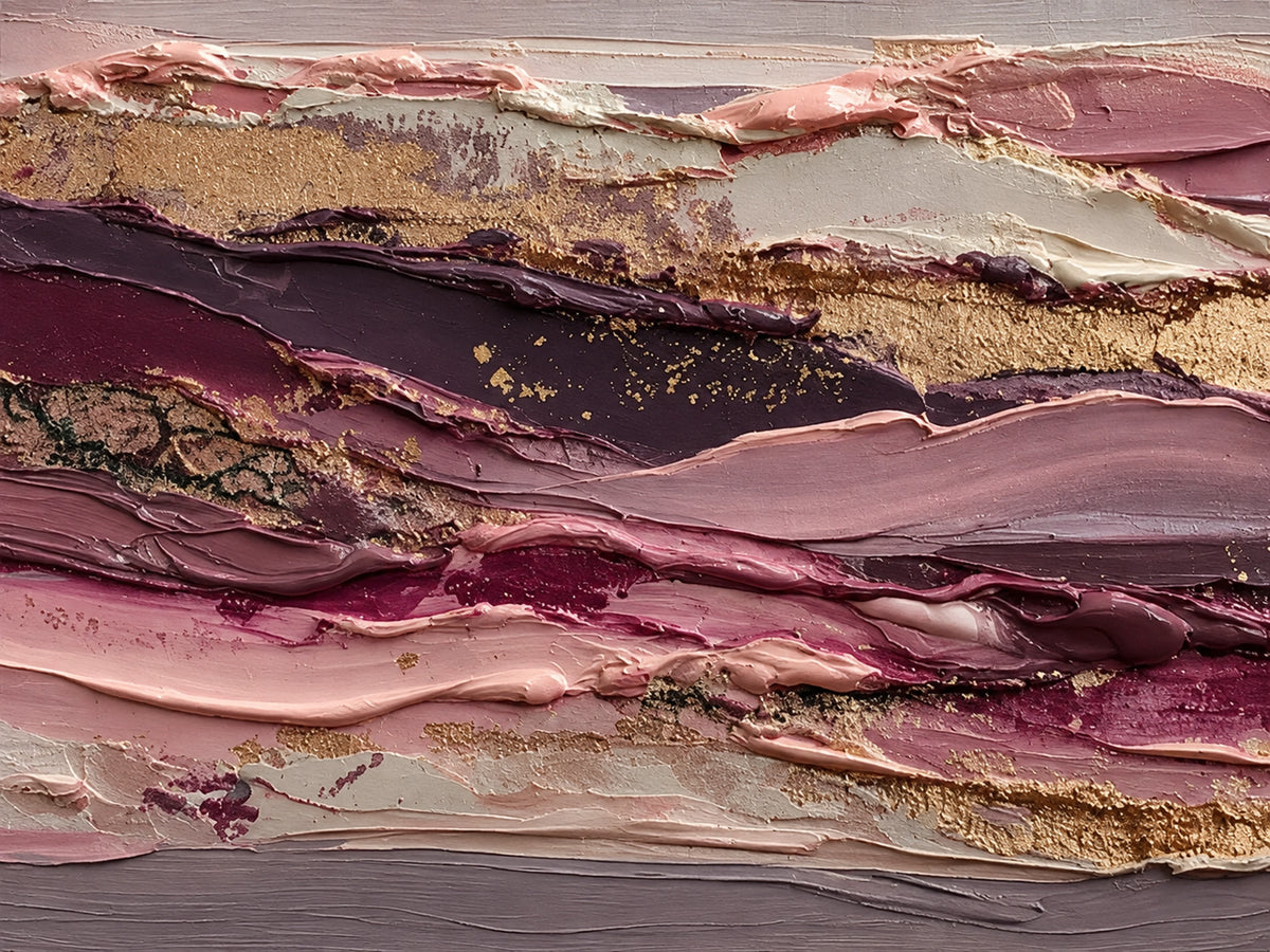 Rose Strata full artwork. Layers of rose, burgundy, ivory, and gold sweep across the surface like bands of exposed earth.