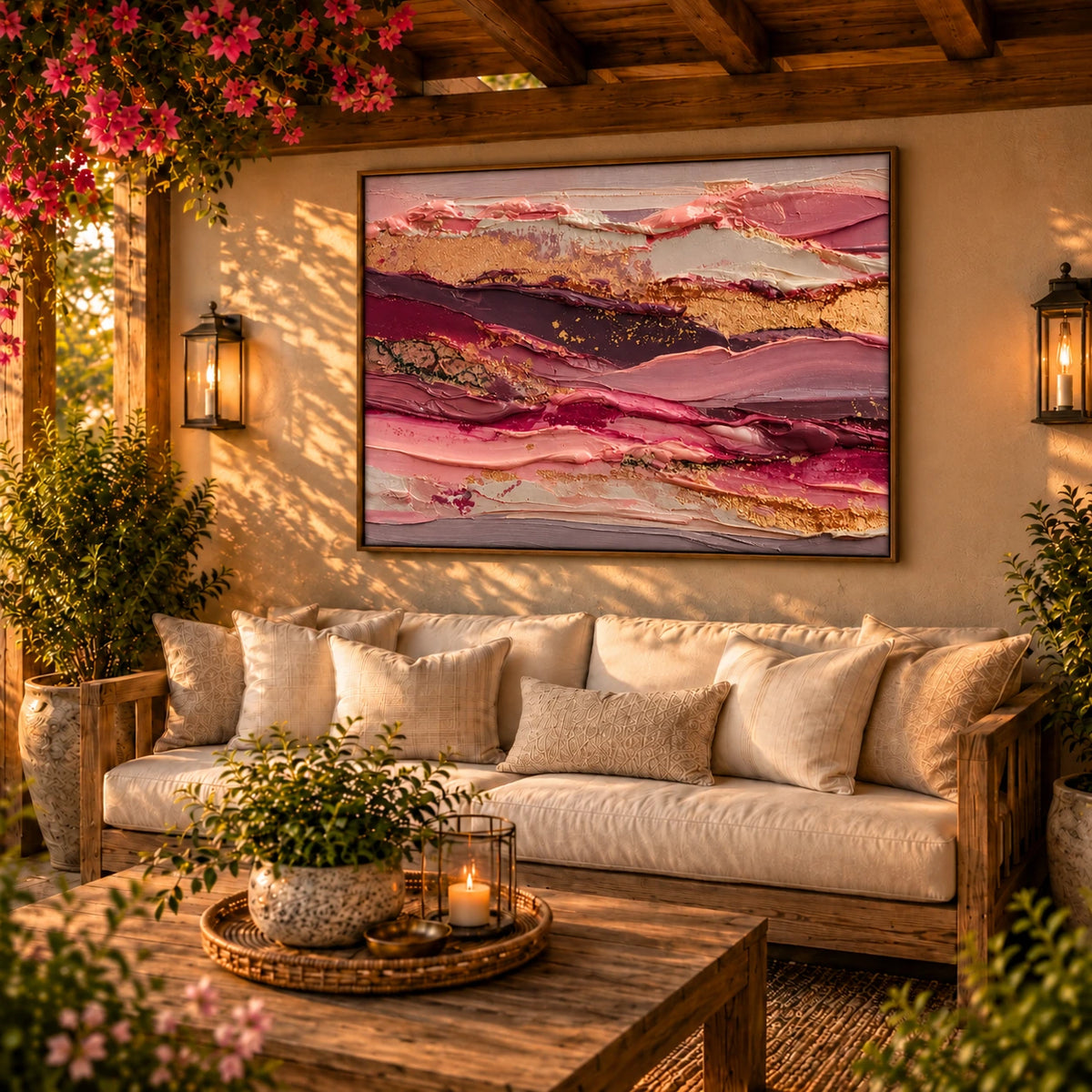 Rose Strata artwork displayed above a sofa on a flower-lined covered terrace.