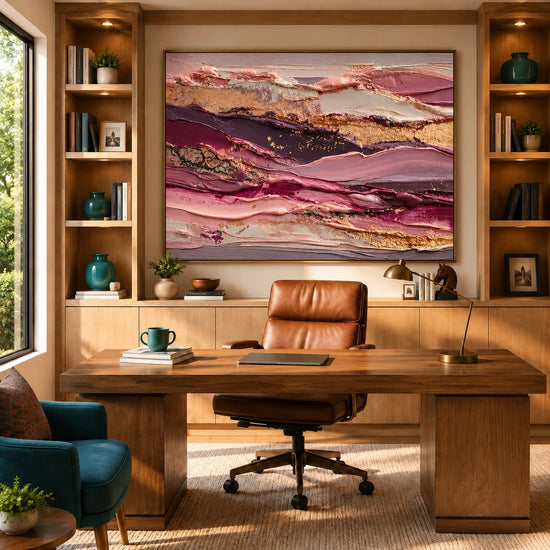 Rose Strata artwork displayed above a wooden desk and leather chair.