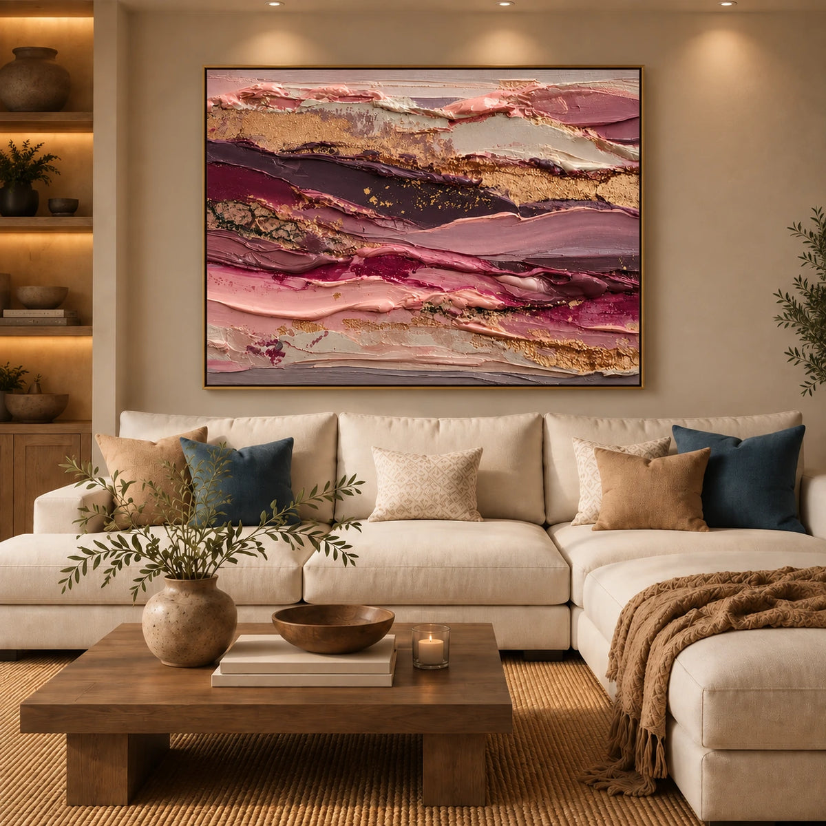 Rose Strata artwork displayed above a cream sofa with blue cushions.