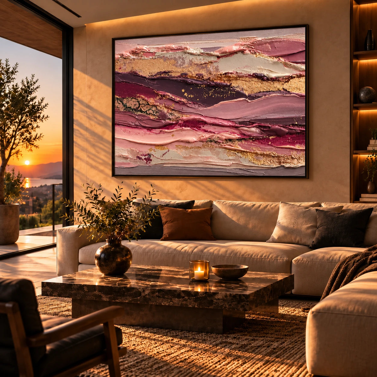 Rose Strata artwork displayed above a sofa beside sunset windows.