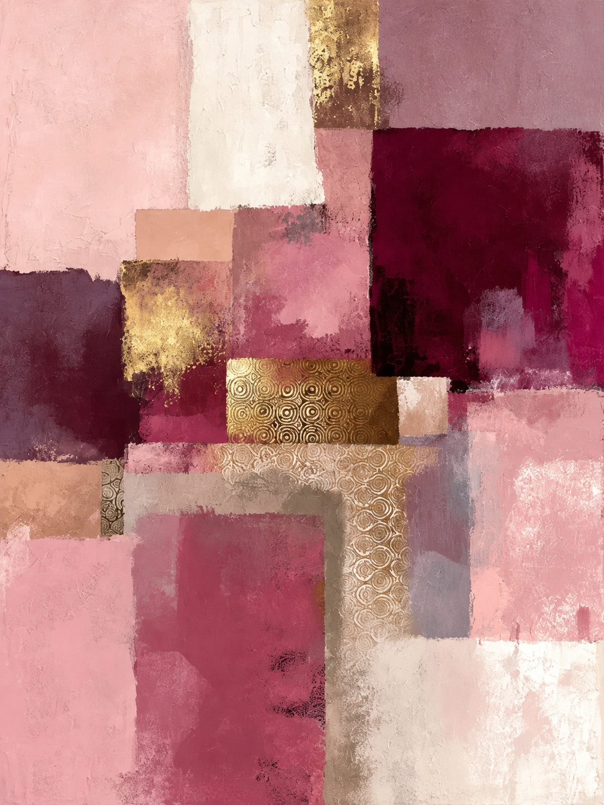 Blush Geometry full artwork. Blocks of blush, burgundy, cream, and muted rose overlap with small golden accents in a balanced vertical arrangement.