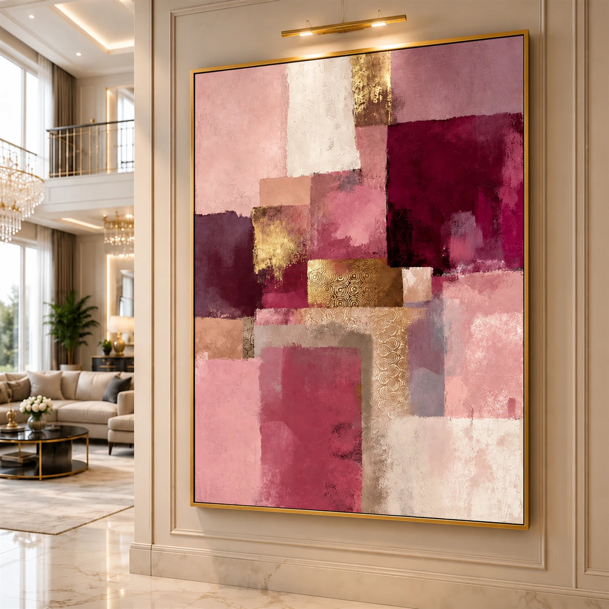 Blush Geometry artwork displayed on a paneled wall in a bright foyer.