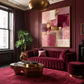 Blush Geometry artwork displayed above a burgundy sofa.