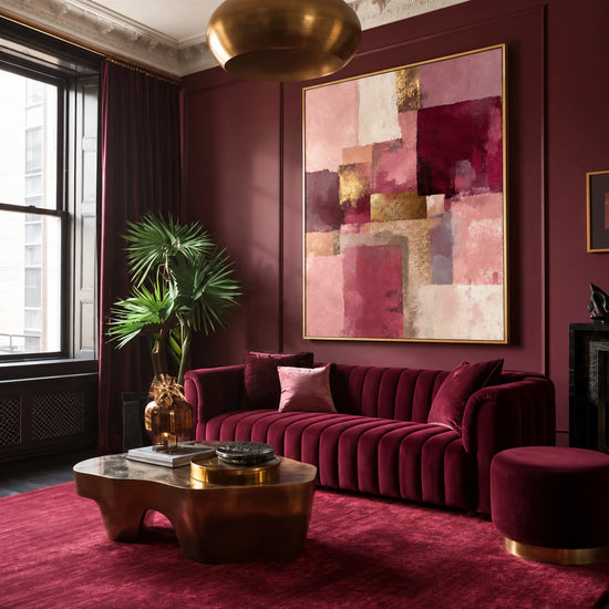 Blush Geometry artwork displayed above a burgundy sofa.