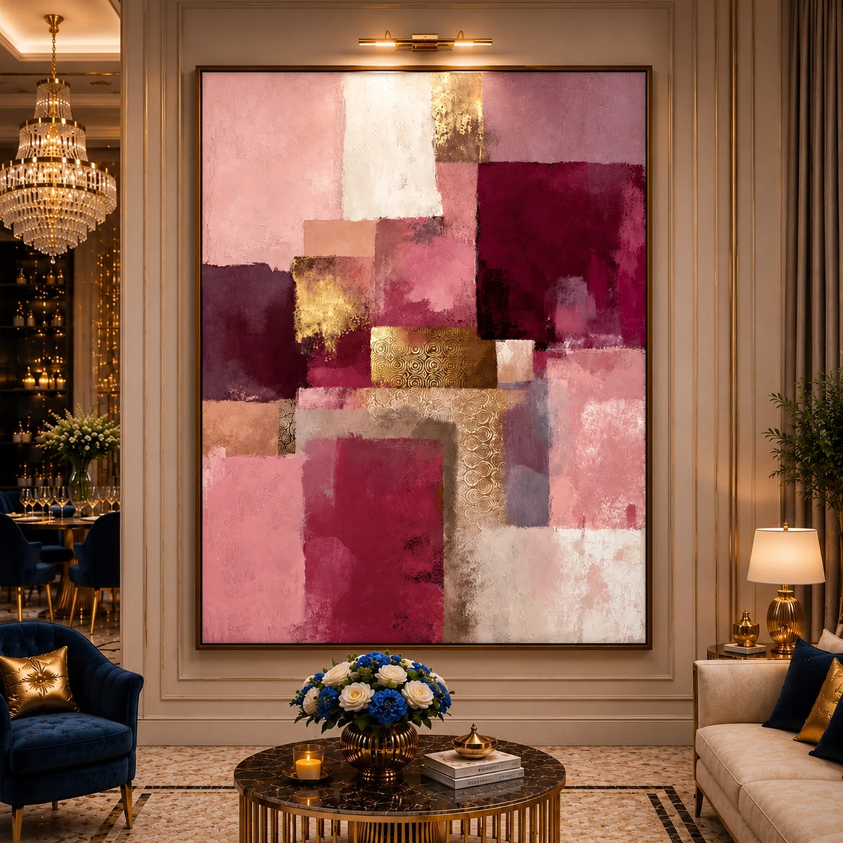 Blush Geometry artwork displayed above seating in an ornate cream lounge.
