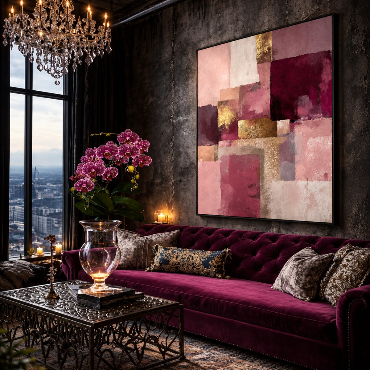 Blush Geometry artwork displayed above a purple sofa beneath a chandelier.