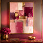 Blush Geometry artwork displayed above a console with a floral arrangement.