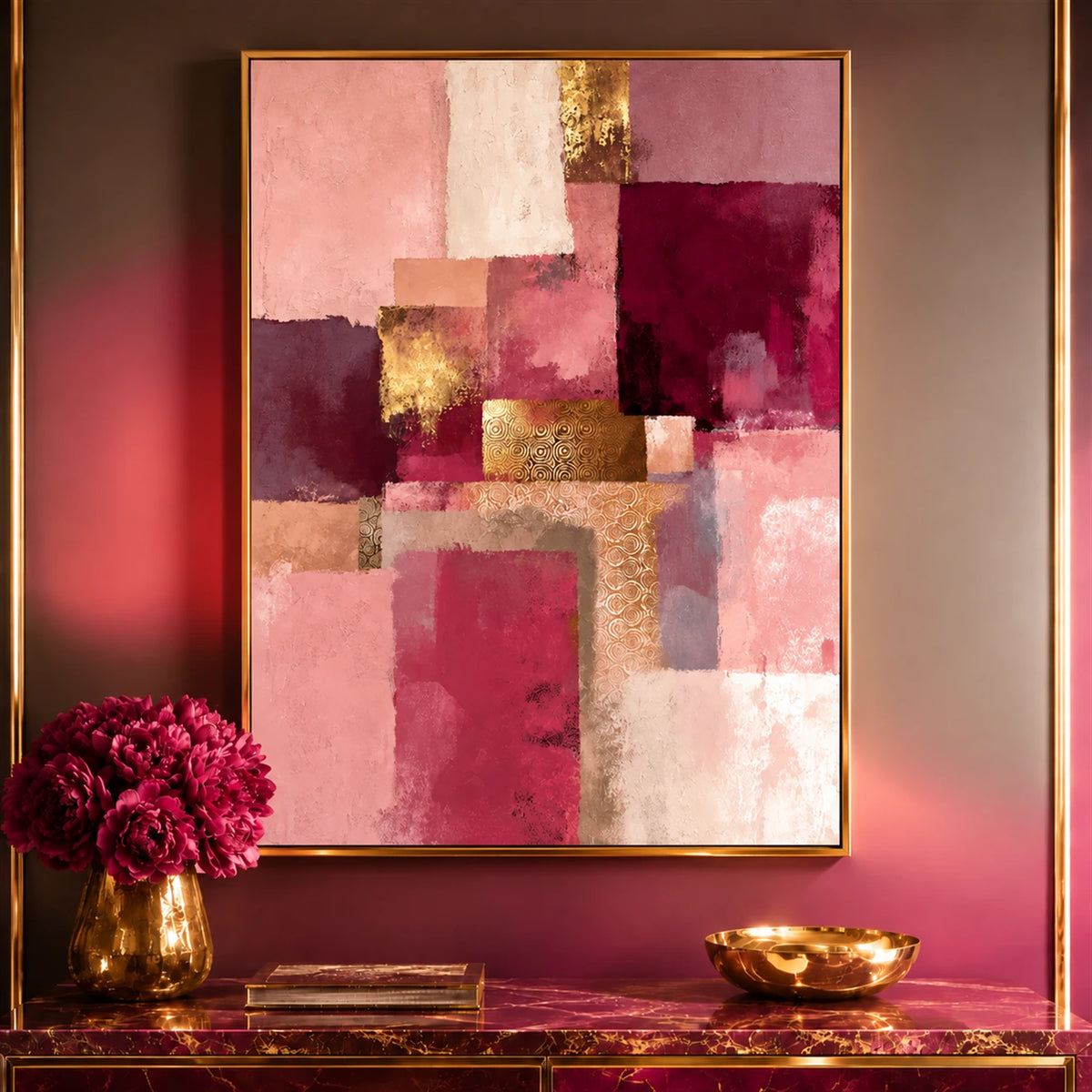 Blush Geometry artwork displayed above a console with a floral arrangement.